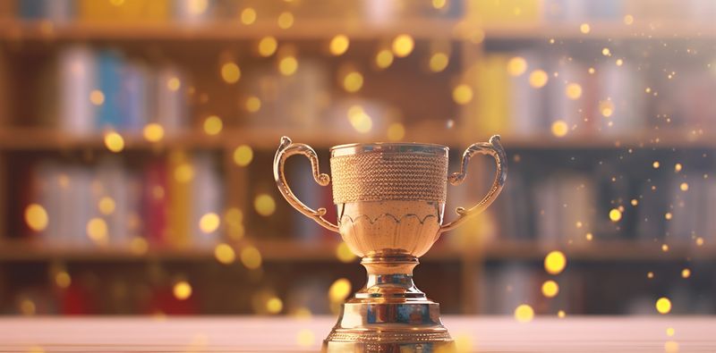 trophy cup award gold bokeh library prize competition celebration champion. Generative AI.