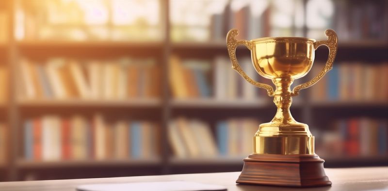 prize competition cup gold champion trophy celebration award bokeh library. Generative AI.