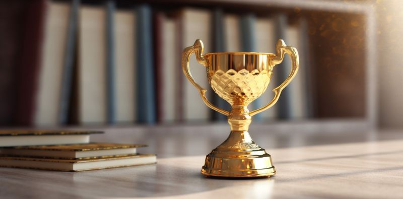 competition trophy bokeh gold cup champion library celebration award prize. Generative AI.