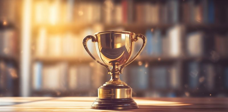 celebration trophy prize competition bokeh champion award cup gold library. Generative AI.