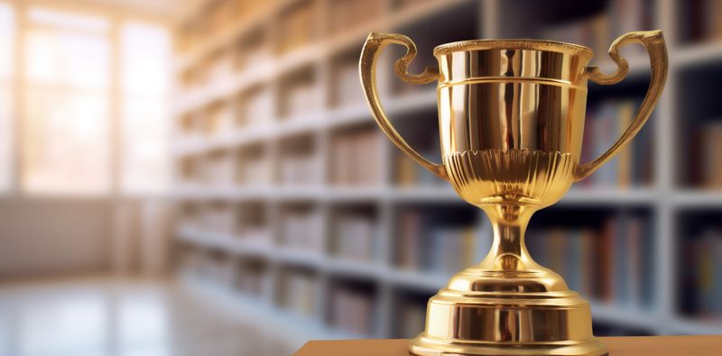 library competition cup gold celebration champion award bokeh prize trophy. Generative AI.