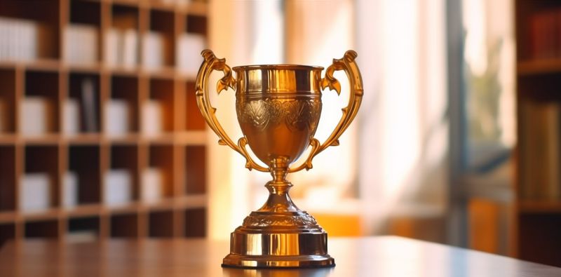 library competition bokeh gold celebration champion prize cup award trophy. Generative AI.