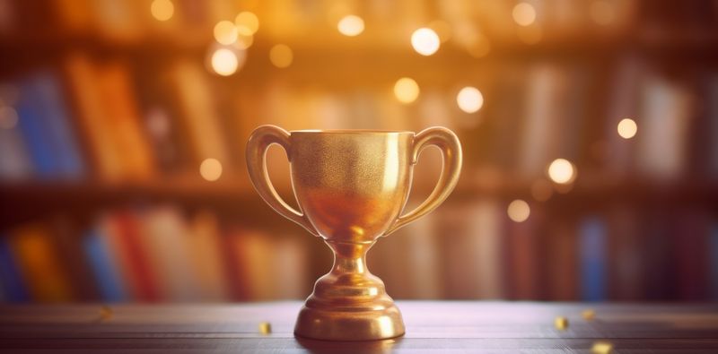 celebration champion trophy library bokeh competition award cup prize gold. Generative AI.