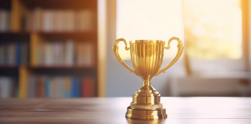 competition prize library award bokeh champion celebration trophy cup gold. Generative AI.