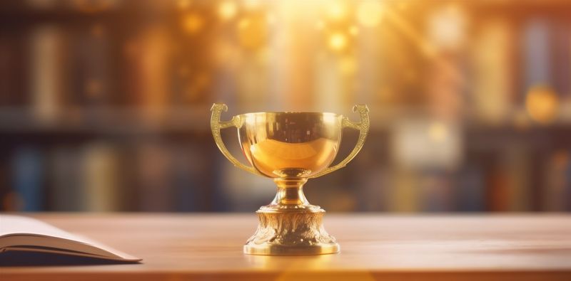 award competition cup champion celebration library trophy prize bokeh gold. Generative AI.