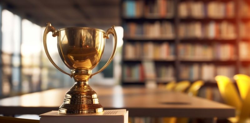 gold bokeh award competition celebration prize library champion trophy cup. Generative AI.