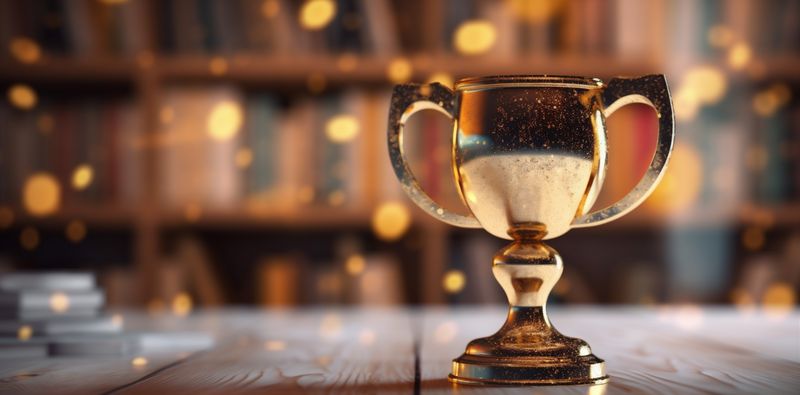 gold library bokeh competition champion cup celebration prize trophy award. Generative AI.