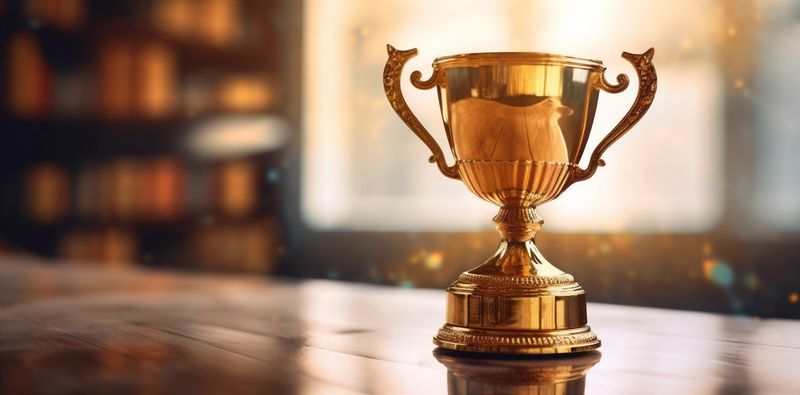 champion trophy prize cup award competition gold celebration library bokeh. Generative AI.