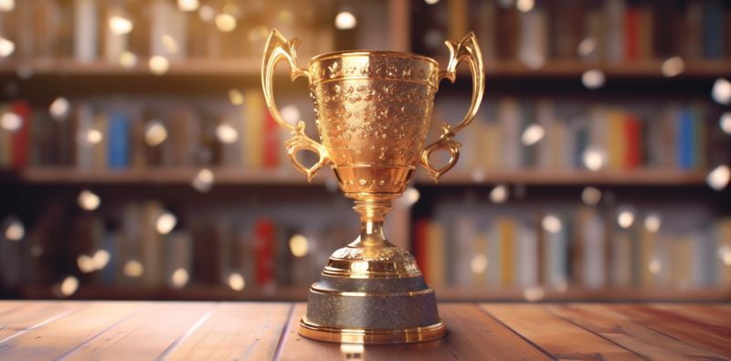 gold cup library champion bokeh competition celebration trophy award prize. Generative AI.