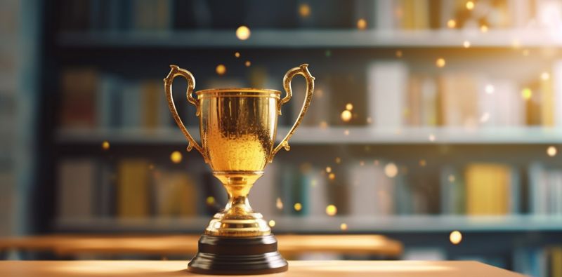 prize gold celebration library competition award cup bokeh champion trophy. Generative AI.