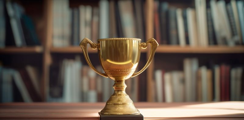 cup library prize champion celebration award gold trophy competition bokeh. Generative AI.