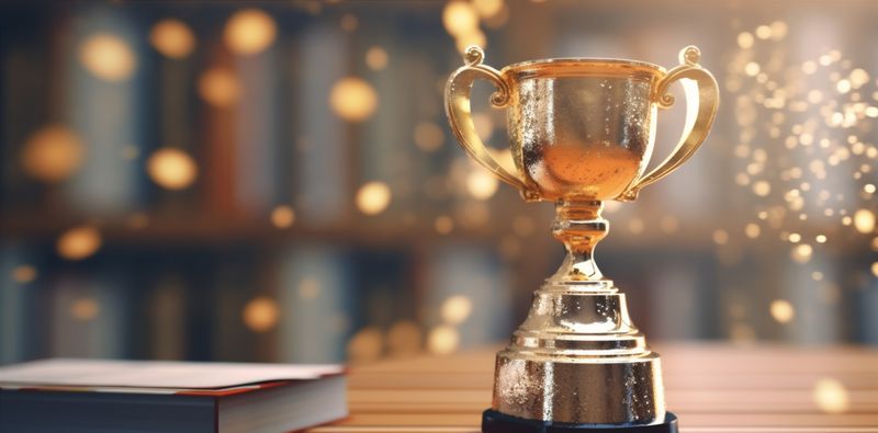 celebration gold champion award library cup prize competition trophy bokeh. Generative AI.