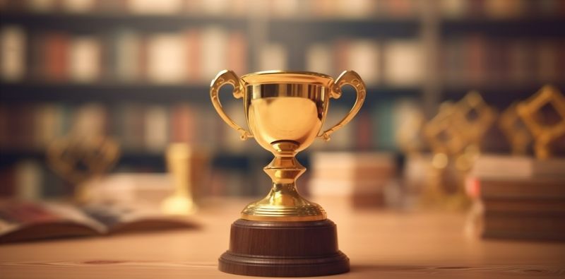 competition prize champion bokeh celebration cup award gold library trophy. Generative AI.