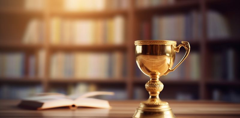 cup award bokeh trophy gold celebration competition library prize champion. Generative AI.