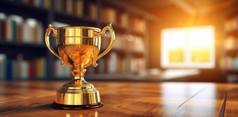 bokeh competition champion cup trophy prize celebration gold award library. Generative AI.