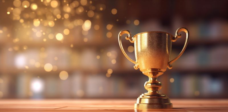 library champion gold bokeh competition celebration cup award trophy prize. Generative AI.