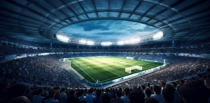 game soccer world sport green football goal stadium arena light. Generative AI.