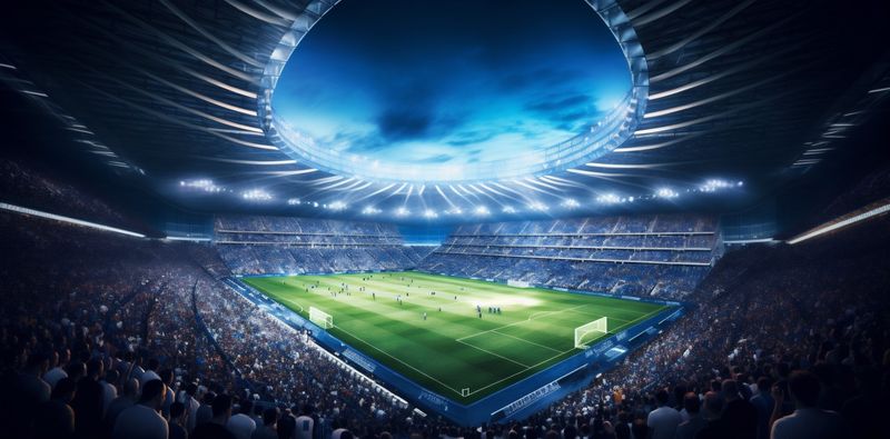 stadium light game soccer football arena sport world green goal. Generative AI.