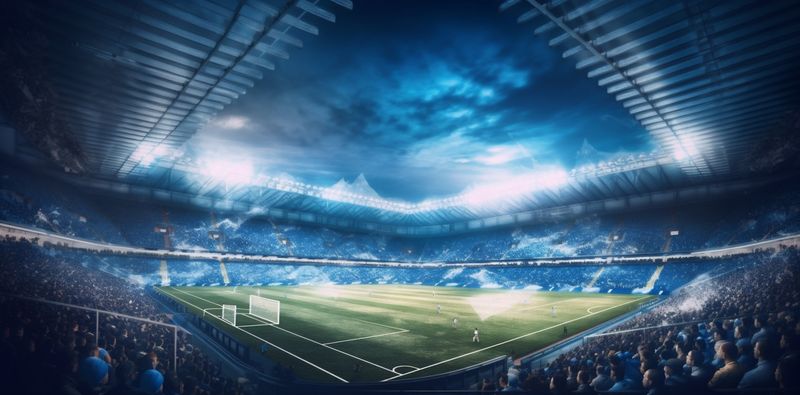 world soccer game arena stadium football goal light sport green. Generative AI.