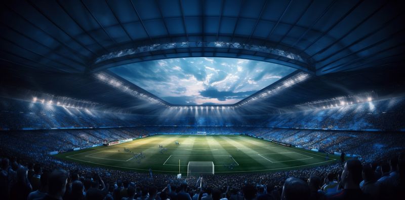 goal soccer stadium arena sport game light green football world. Generative AI.