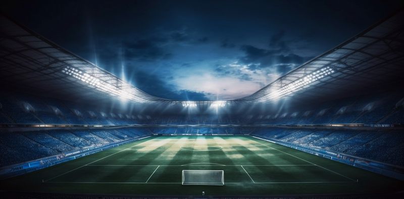 stadium light goal green arena sport soccer football world game. Generative AI.