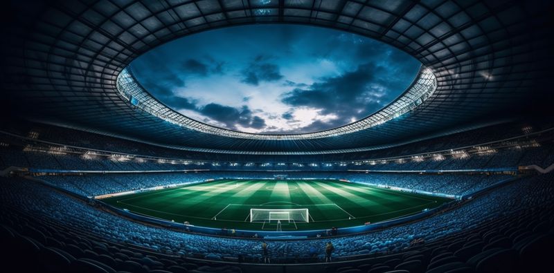 arena football green goal stadium soccer game sport light world. Generative AI.