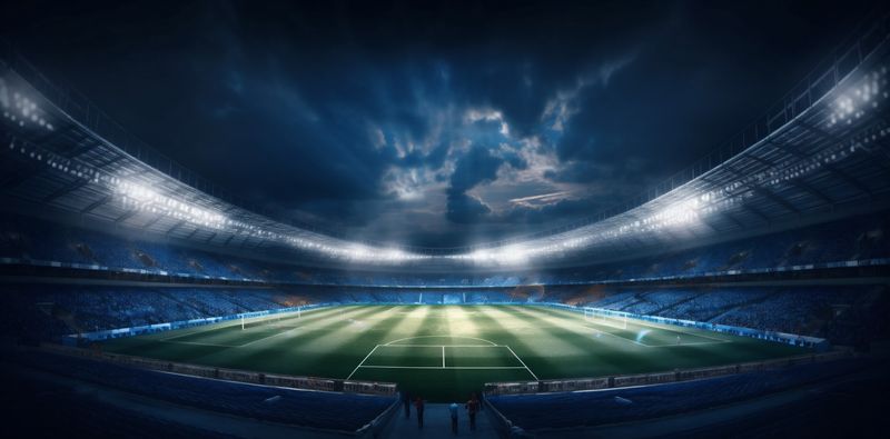 world game light football stadium goal green soccer sport arena. Generative AI.