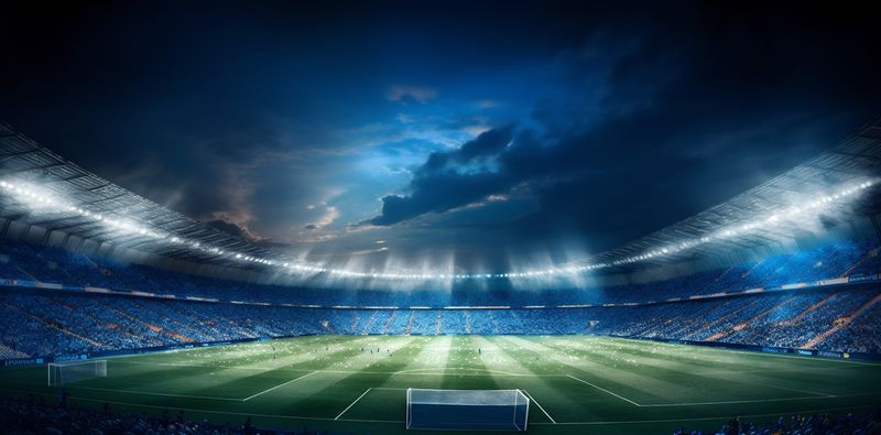 soccer goal football stadium arena sport green world game light. Generative AI.