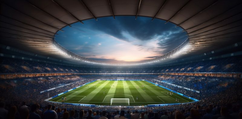 sport stadium green soccer arena light world goal football game. Generative AI.