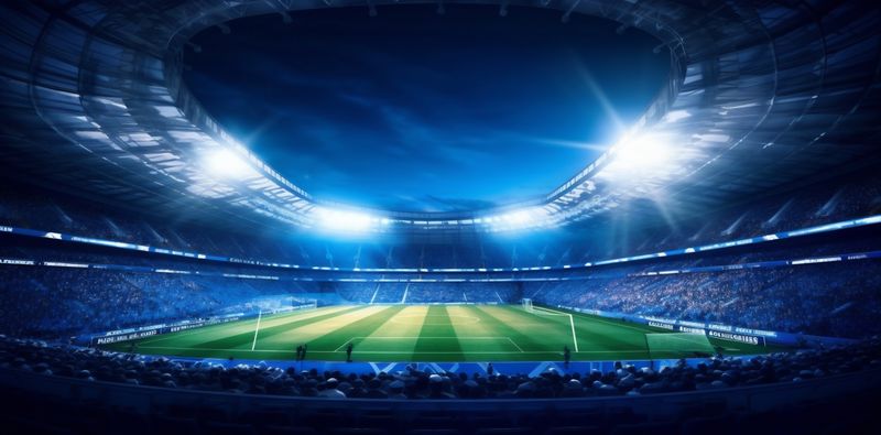 sport football goal arena green soccer world light stadium game. Generative AI.