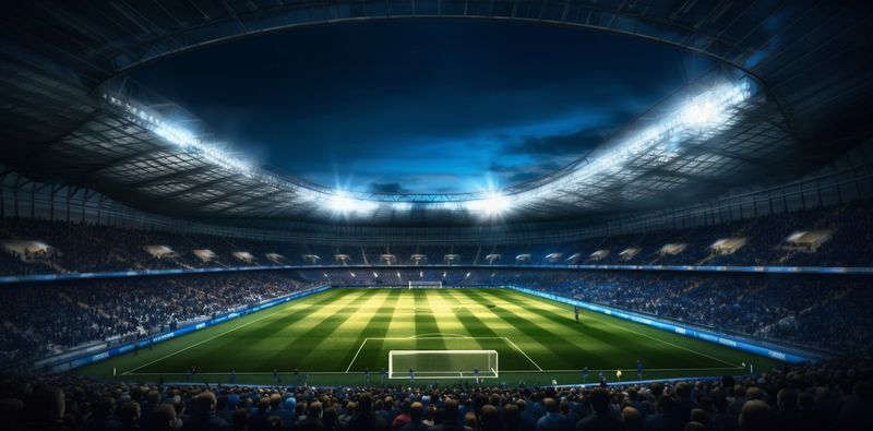 arena soccer light stadium green goal world football game sport. Generative AI.