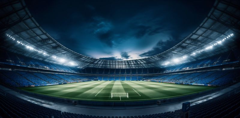 green sport soccer goal stadium game football arena light world. Generative AI.