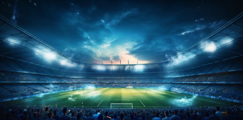 sport arena world stadium green light football soccer game goal. Generative AI.