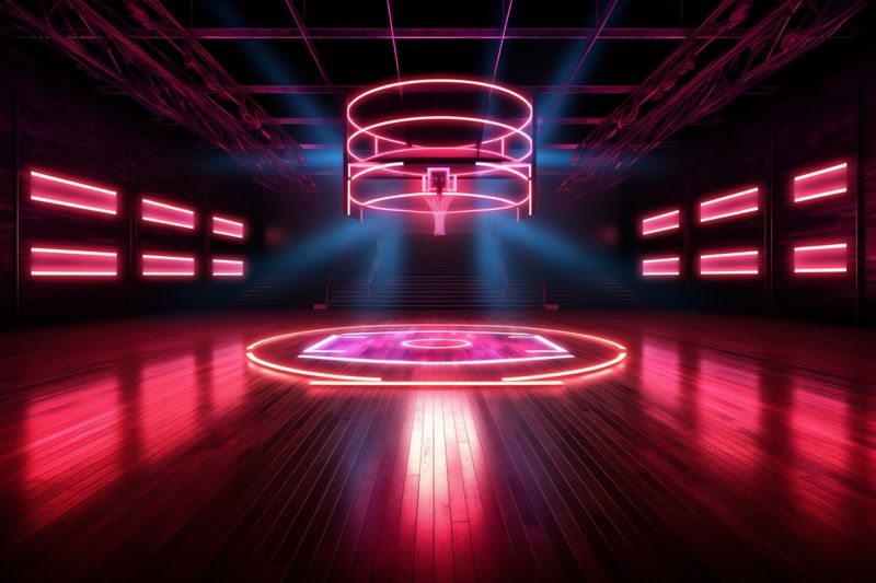 background hall color bright interior game indoor arena neon corridor empty basketball. Generative AI.