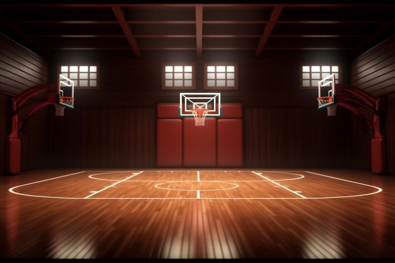 basketball hallway corridor game background interior empty hall arena neon indoor spotlight. Generative AI.