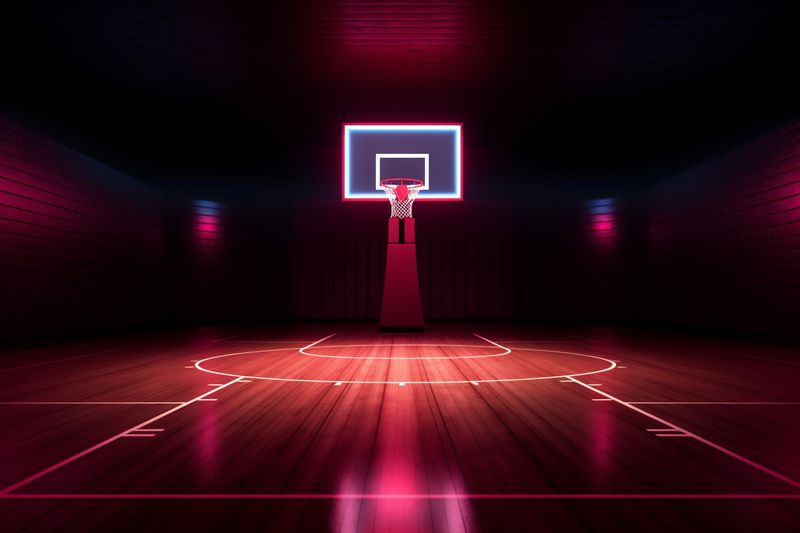 nobody background basketball neon indoor interior arena hall bright corridor empty game. Generative AI.