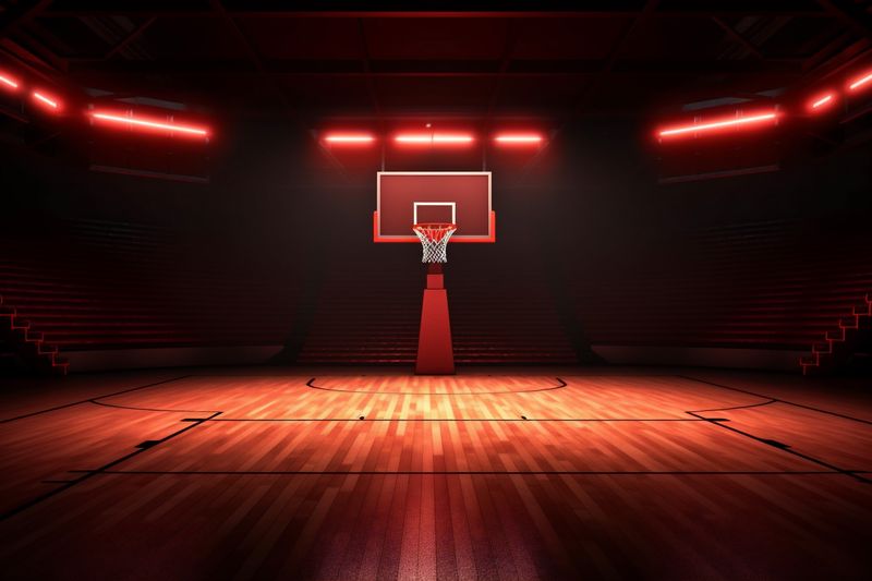 background neon indoor interior game light virtual corridor arena empty basketball hall. Generative AI.