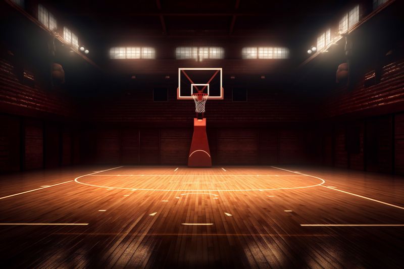 background bright basketball hall interior building arena indoor neon empty game corridor. Generative AI.