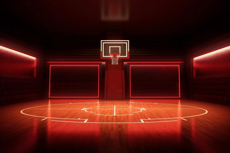 basketball game competition empty neon hall corridor arena color interior indoor background. Generative AI.