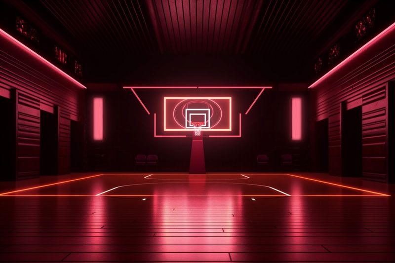 empty indoor stadium game hall interior background corridor light basketball arena neon. Generative AI.