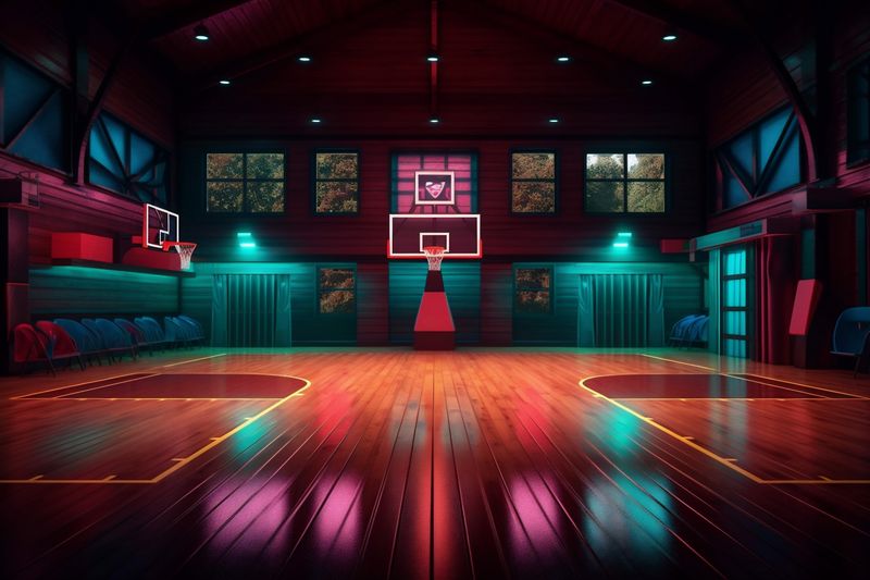 hall indoor blue neon background corridor game empty interior floor arena basketball. Generative AI.