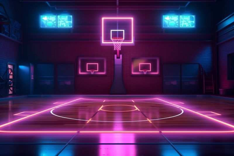score background wall hall indoor neon corridor interior empty arena basketball game. Generative AI.
