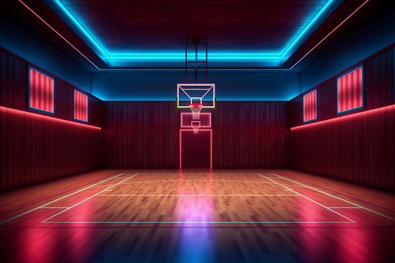 corridor neon arena black background interior hall basketball indoor empty game blue. Generative AI.
