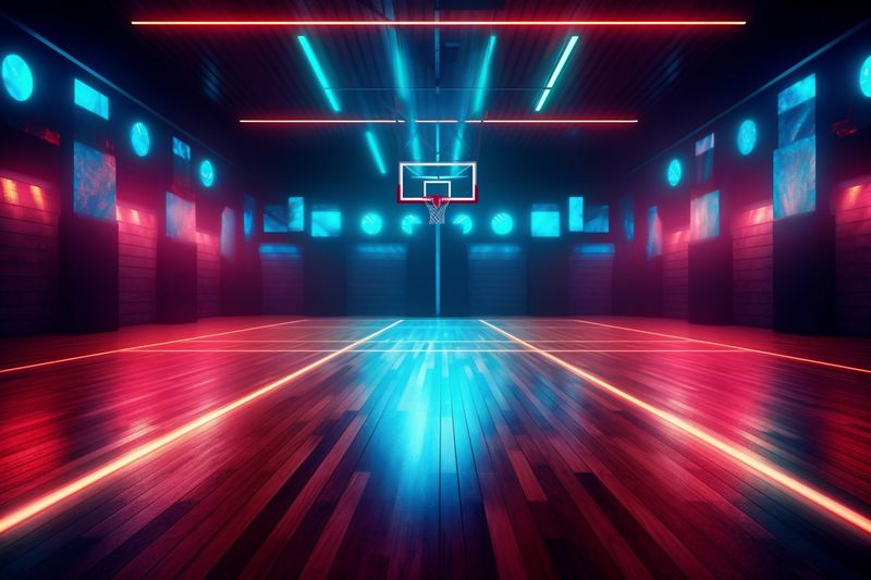 game hall corridor arena hallway interior indoor three-dimensional empty neon basketball background. Generative AI.