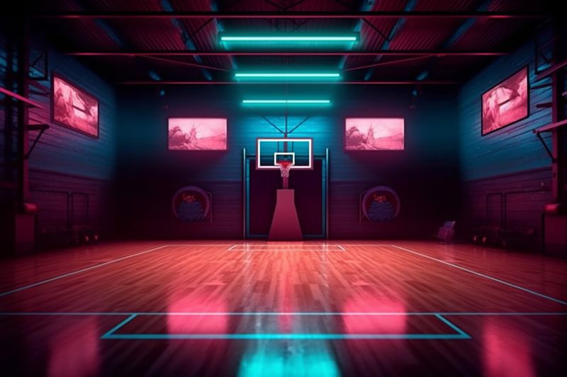 basketball game background arena modern indoor neon empty hall corridor interior hallway. Generative AI.