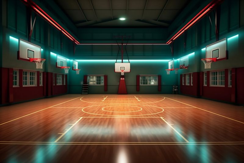 indoor design neon hall corridor arena game interior background empty basketball light. Generative AI.