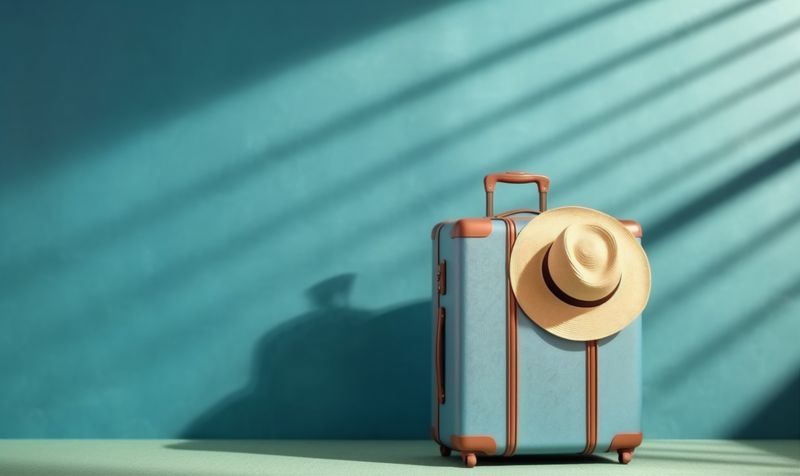 baggage airplane blue hat holiday journey trip suitcase travel background vacation. Generative AI.