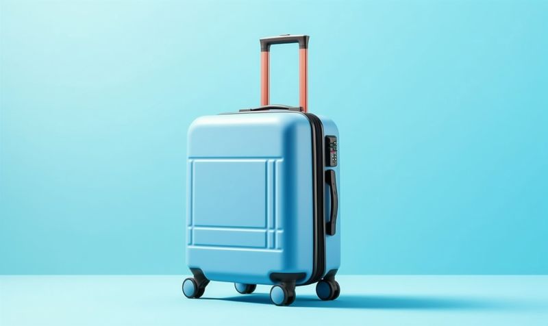 holiday vacation trip blue background suitcase journey baggage hat travel symbol. Generative AI.