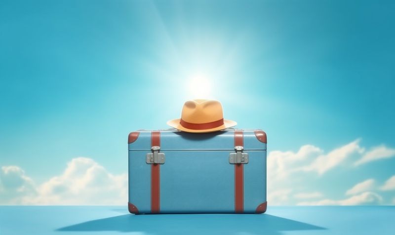 object trip baggage suitcase vacation journey blue background holiday hat travel. Generative AI.