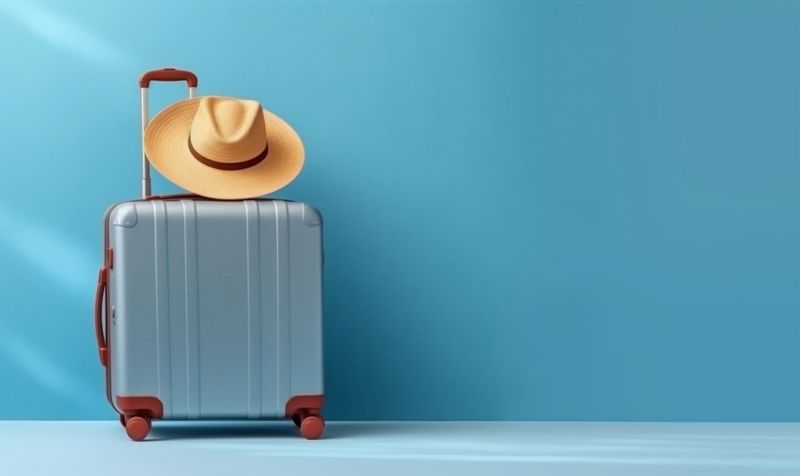 holiday departure trip blue vacation background travel suitcase baggage hat journey. Generative AI.